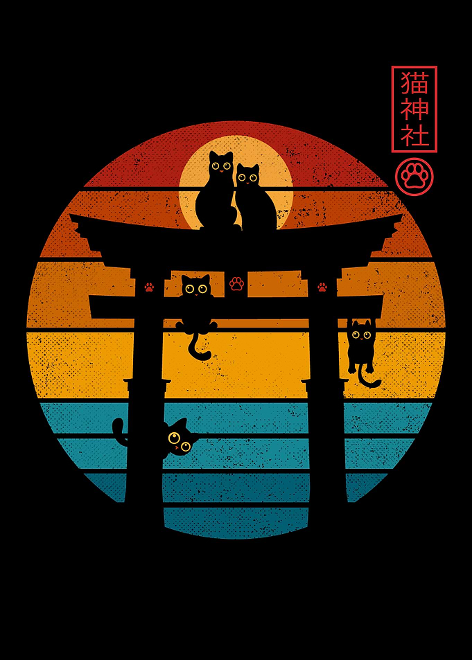 Retro Sunset Black Cats Torii Gate - Japanese Neko Jinja Art