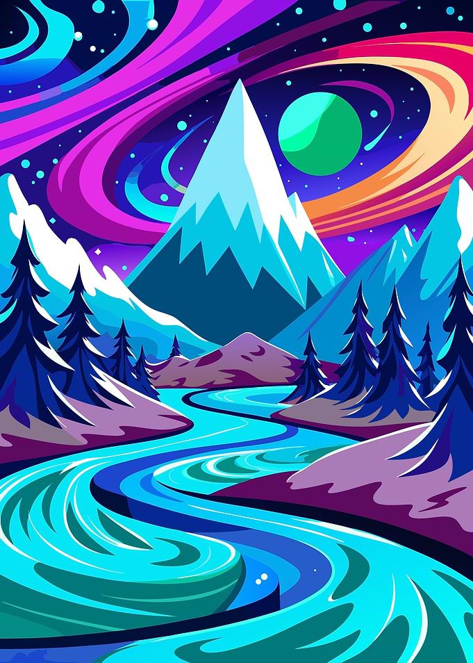 Surreal Cosmic Landscape with Mountain and River Metal Wall Print Art