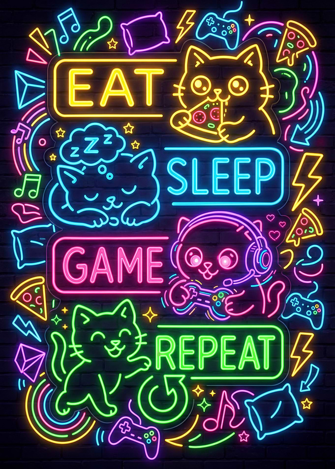 Eat Sleep Game Repeat Neon Cats