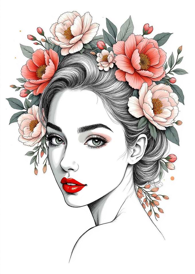 Floral Woman Portrait with Soft Peach Blossoms