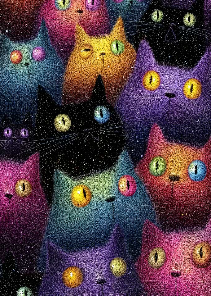 Colorful Cats in Space Illustration