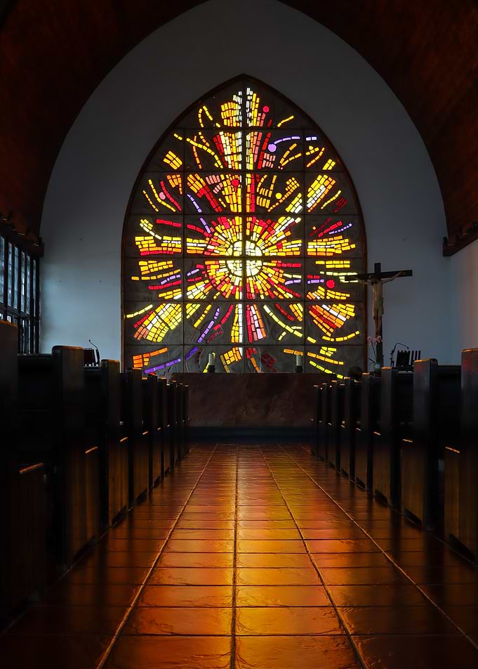 Stained Glass Window in Church Interior