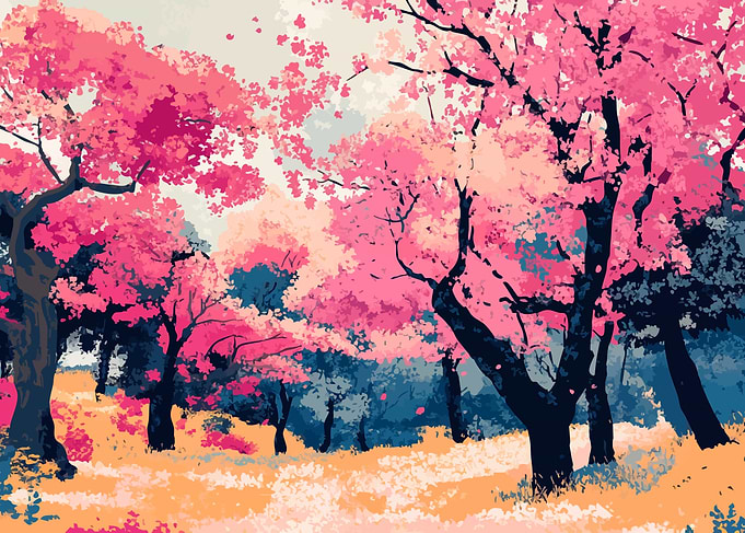 Pink Cherry Blossom Trees Landscape Minimalist Abstract Illustration Art