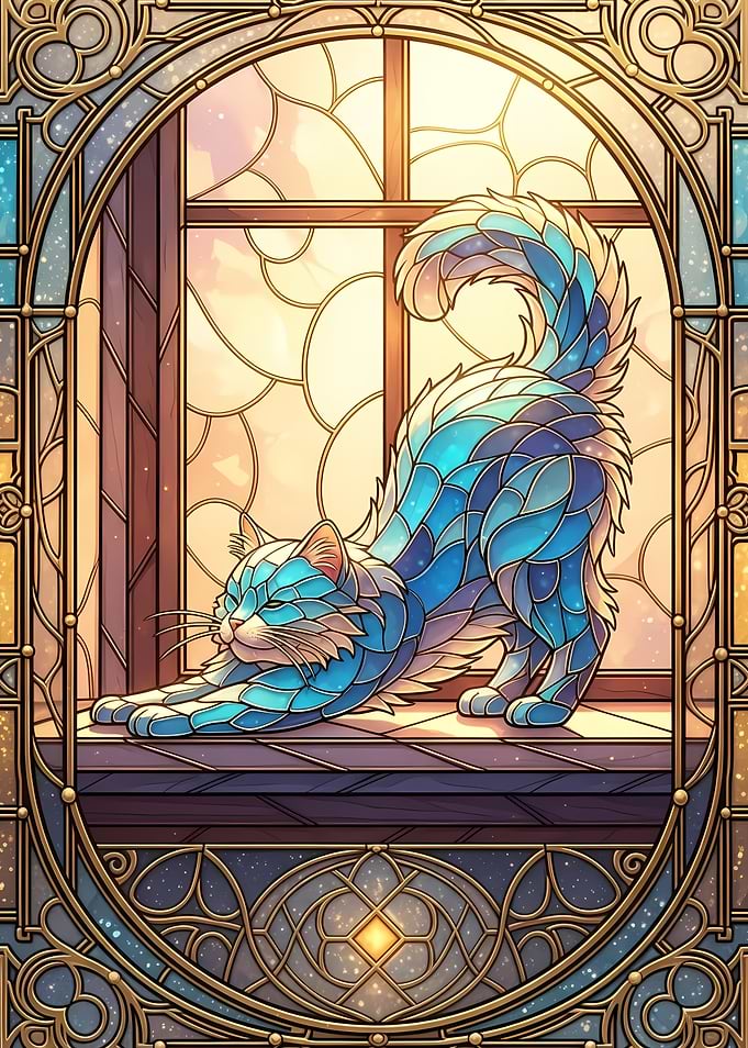 Stained Glass Cat Stretching by Window