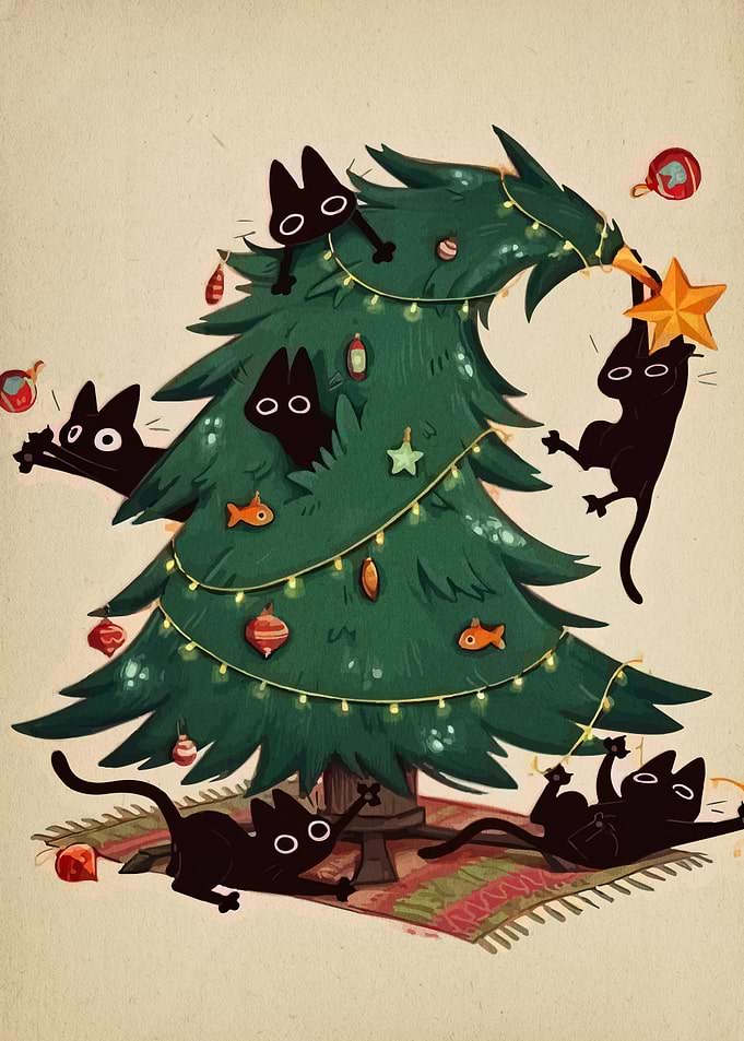 Black Cats Decorating Christmas Tree