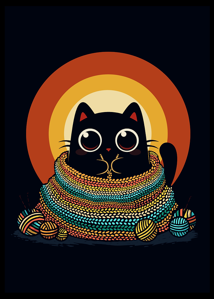 Cozy Knitted Black Cat - Kawaii Cute Yarn Hygge Art