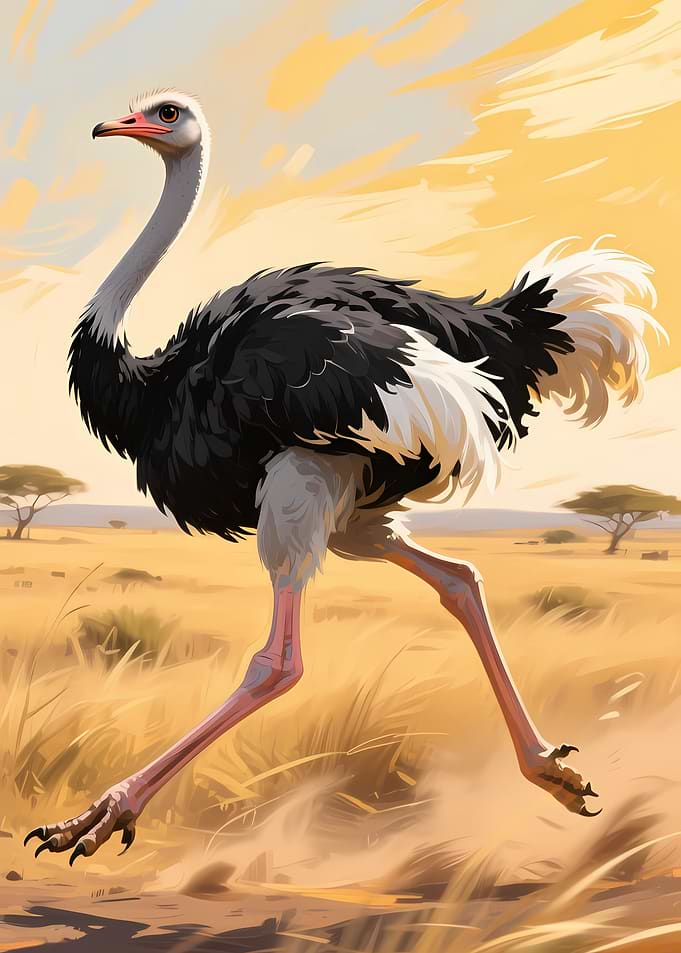 Ostrich Running in Savannah Landscape