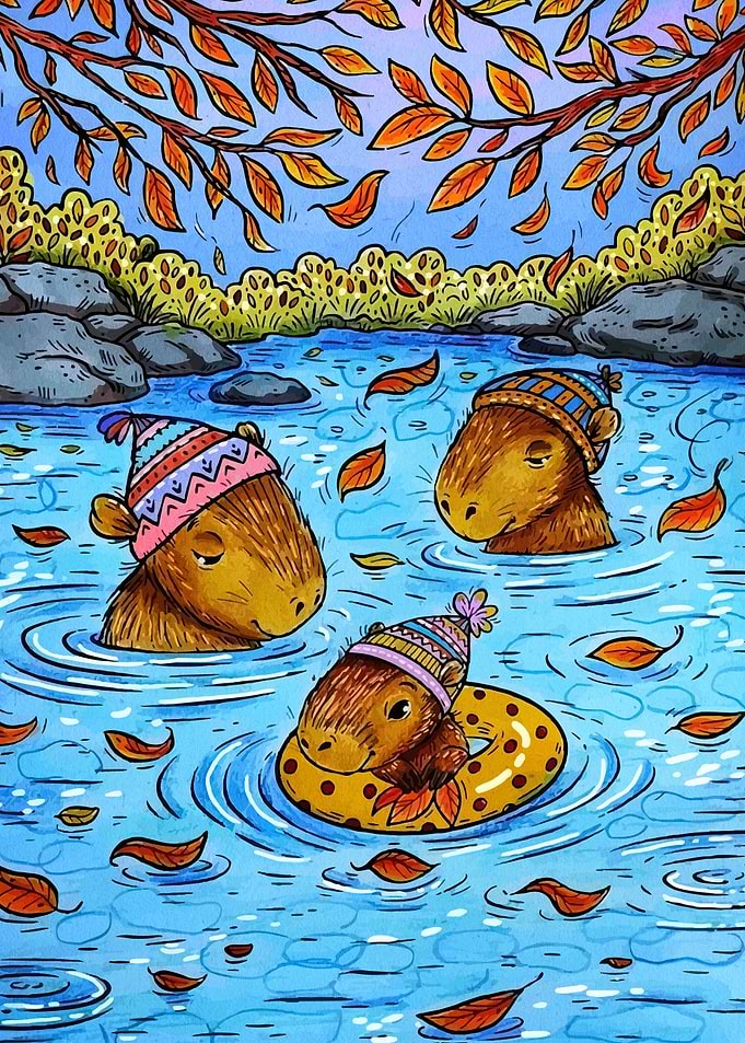 Capybaras in Autumn River