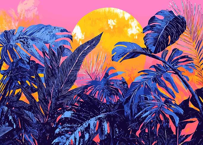 Tropical Leaves Retro Minimalist Art Illustration