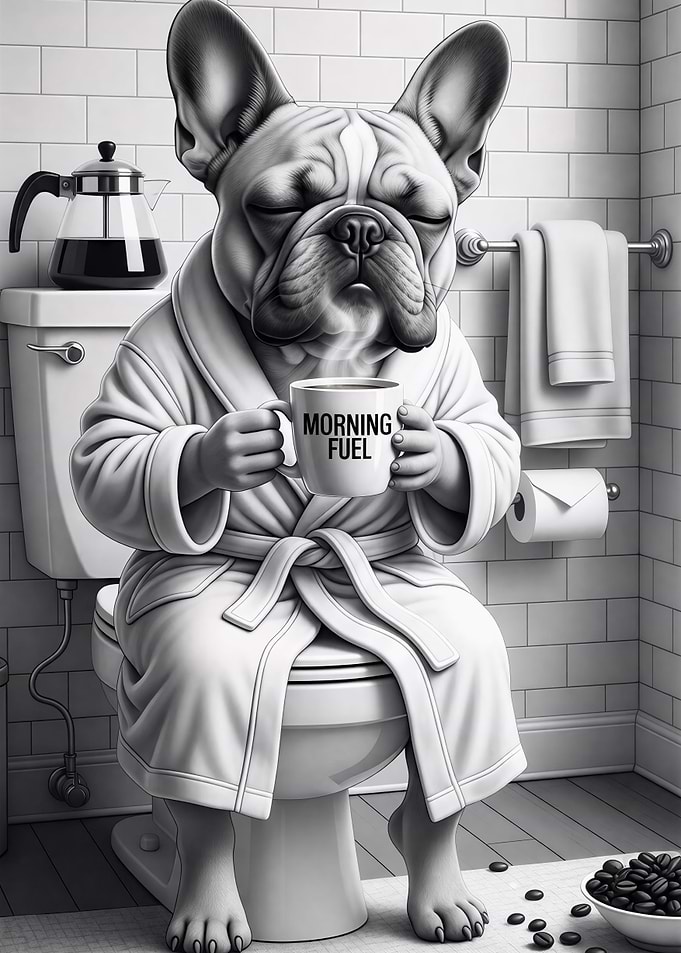 Dog in Robe with Coffee