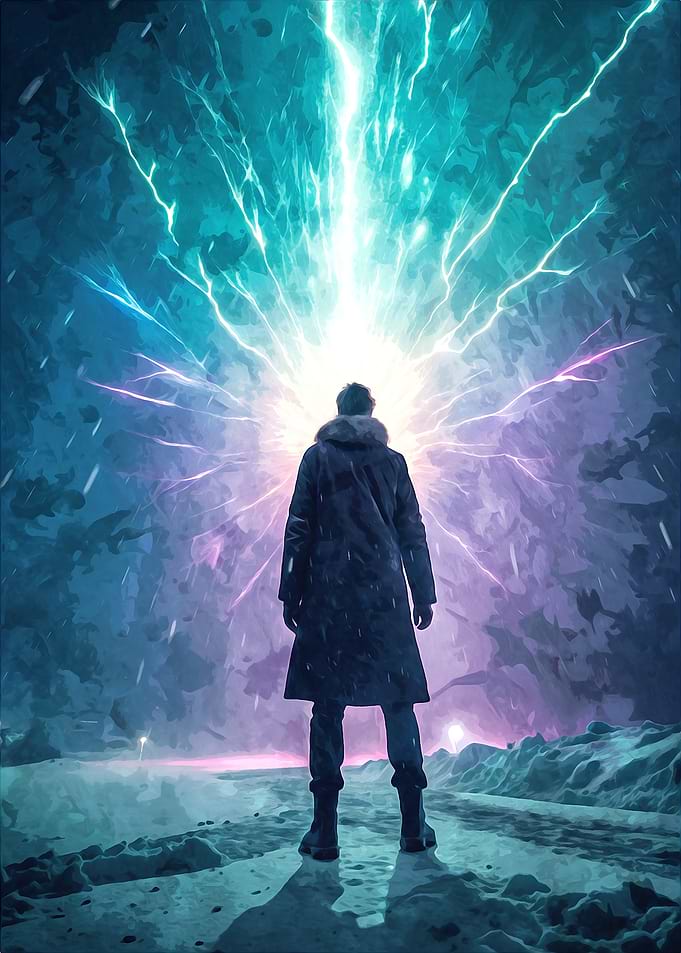 Man standing outer space with light burst