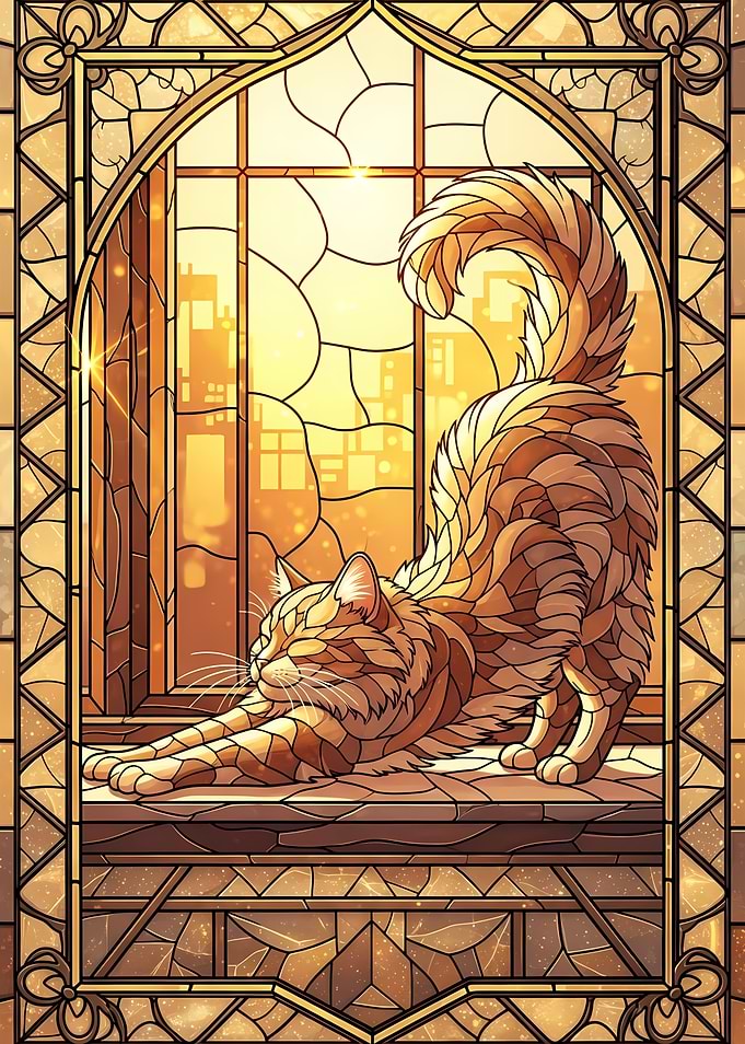 Stained Glass Cat Stretching by Window