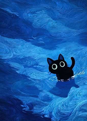 Black Cat Swimming in Blue Waves