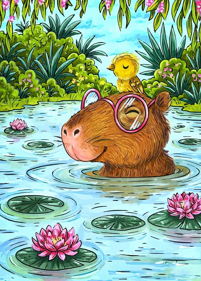 Capybara with bird in water