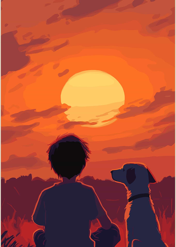 Boy and Dog Watching Sunset