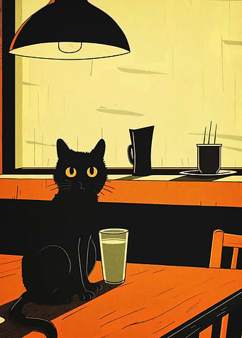 Black Cat at Table with Drink