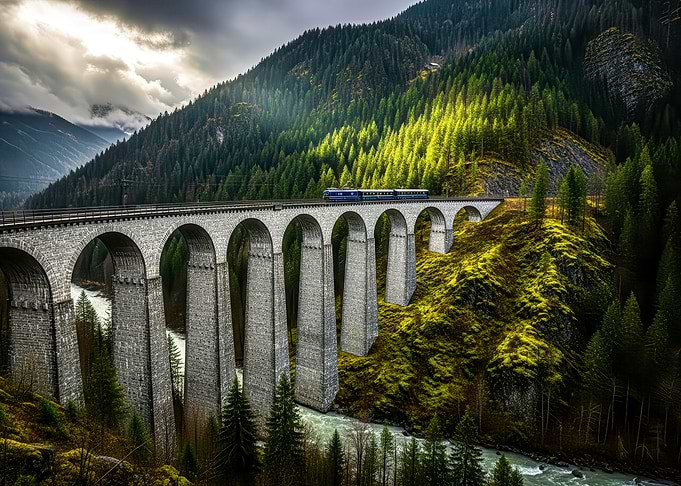 Train on Stone Bridge in Mountains