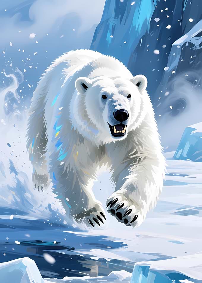 Charging Polar Bear in Arctic Landscape