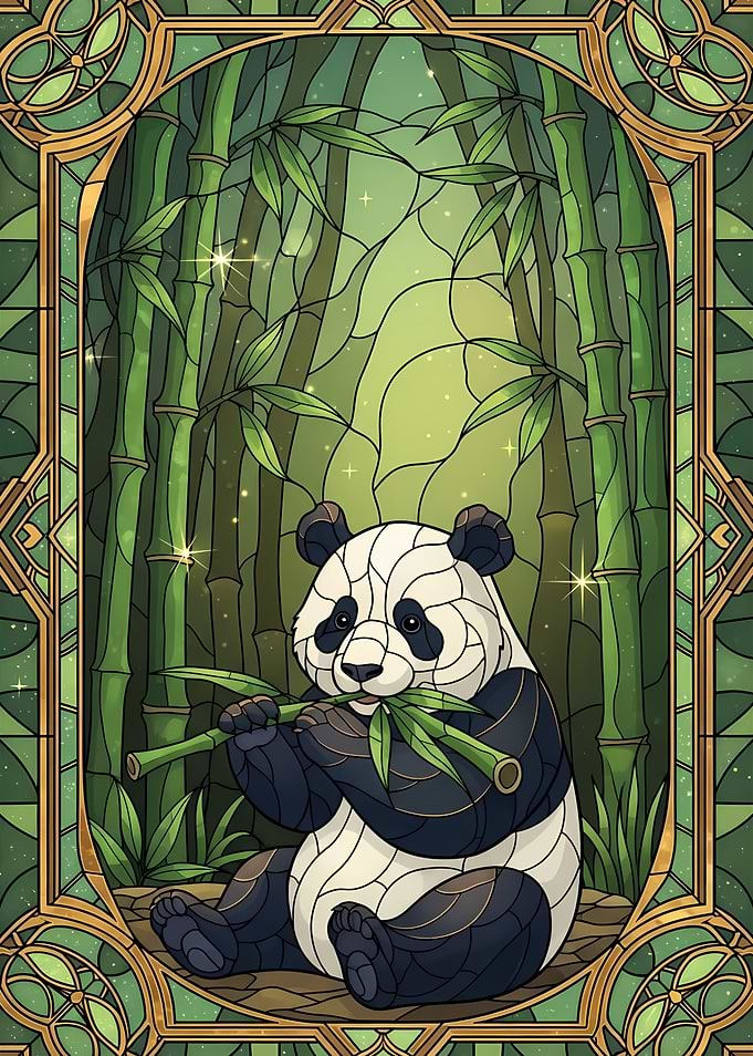 Panda in Bamboo Forest Stained Glass