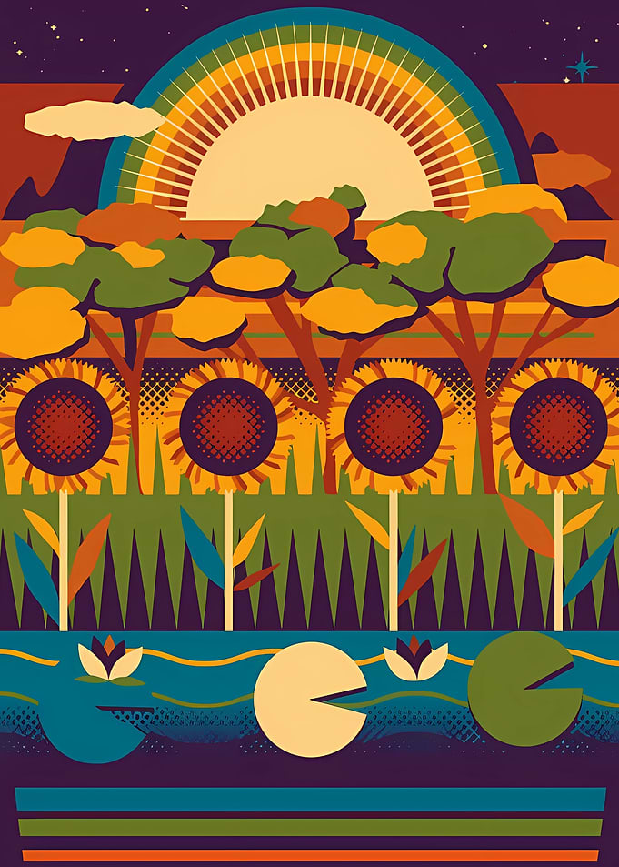 Stylized Sunflower Field Landscape Illustration