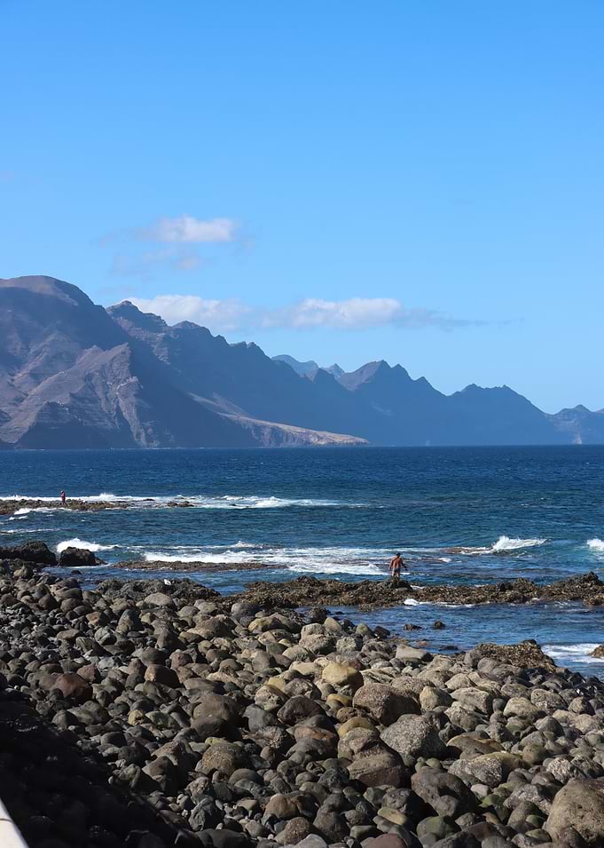 Rocky Beach with Distant Mountains