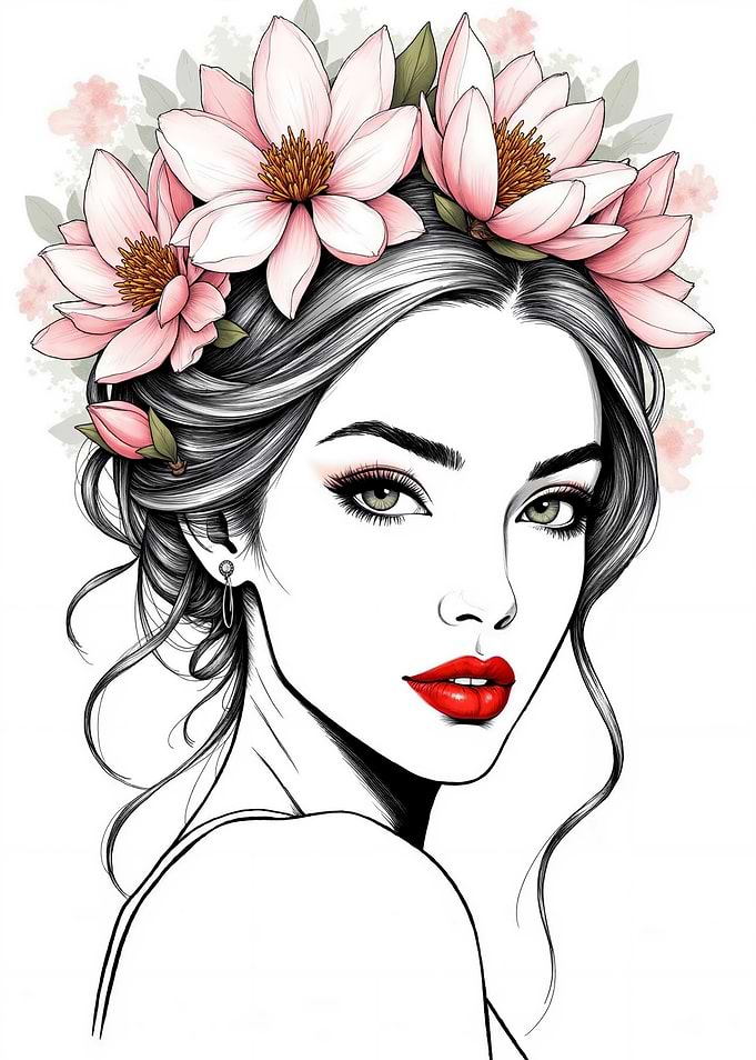 Floral Woman Portrait with Pink Lotus Crown