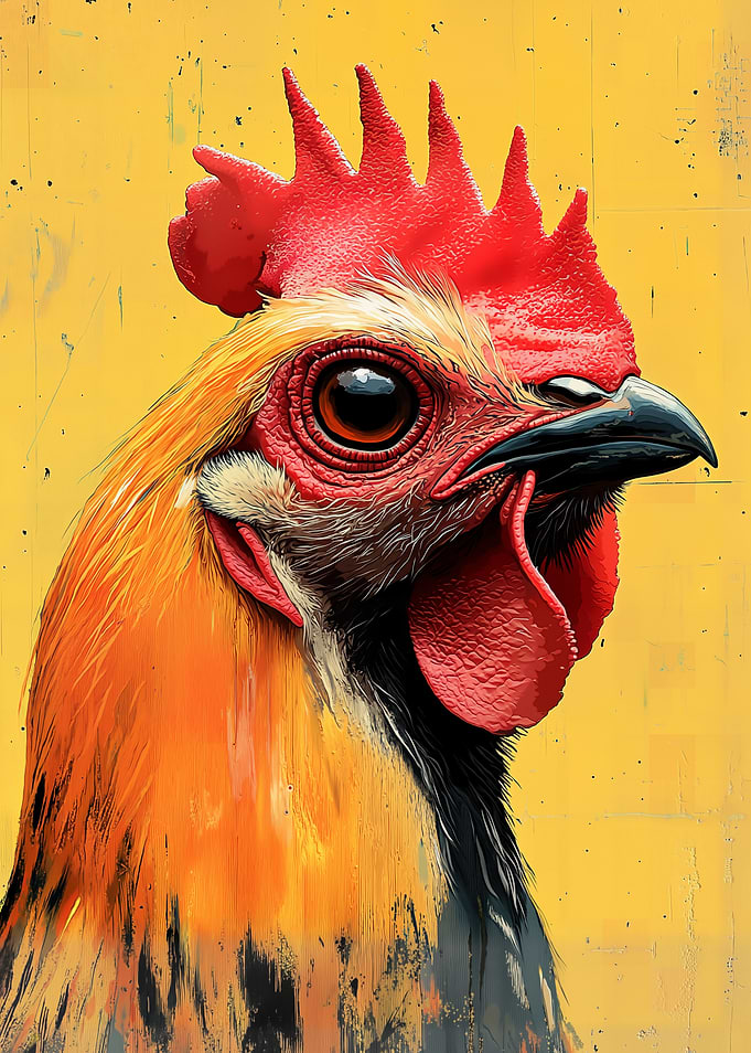 Rooster Portrait on Yellow Background