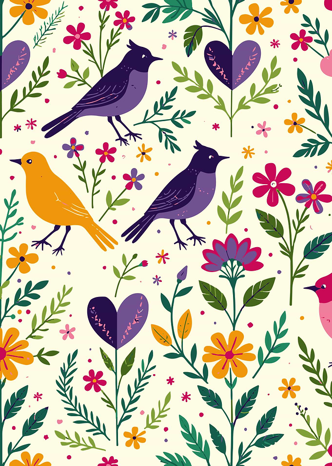 Flowers and birds and love - St. Valentines Day pattern
