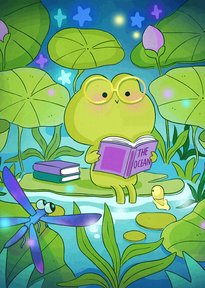 Frog Reading Book Pond