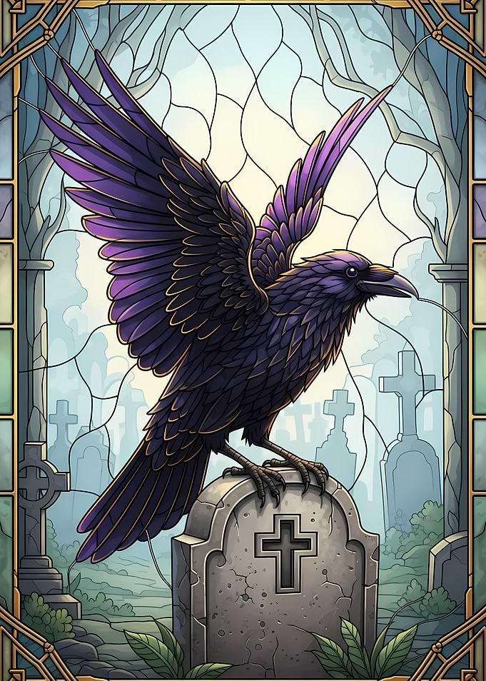 Raven on Tombstone Stained Glass Art