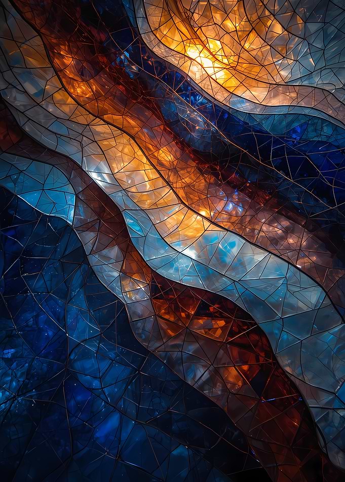 Abstract Stained Glass Mosaic: Blue & Orange Fluid Waves
