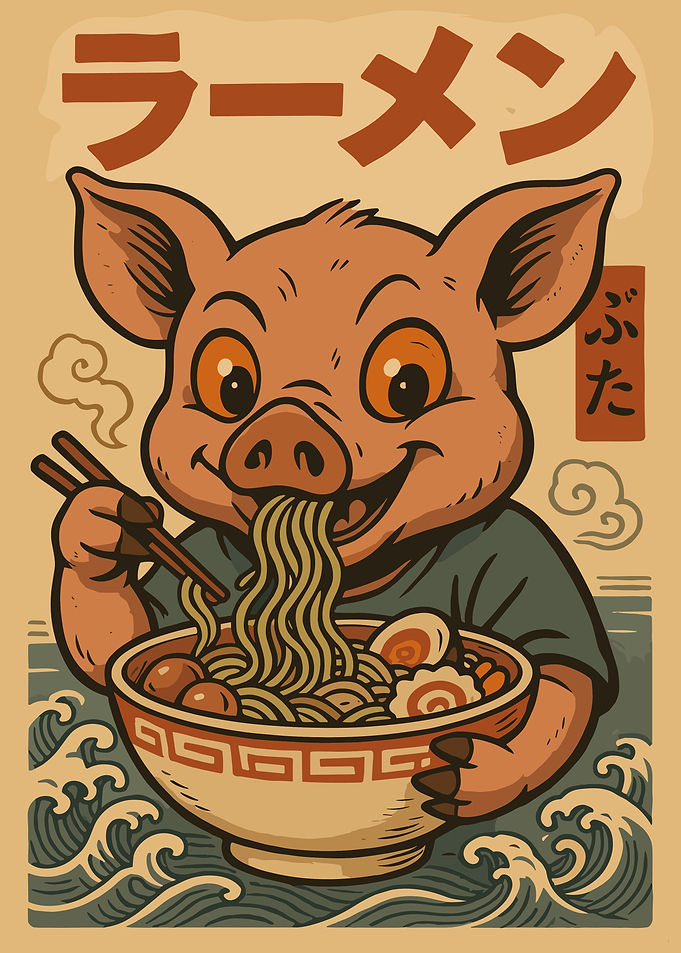 Pig Eating Ramen Cartoon Illustration