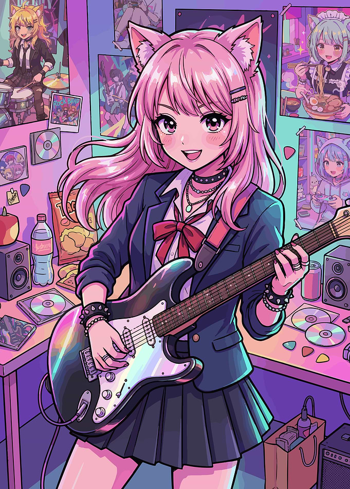 Anime Cat Girl with Guitar