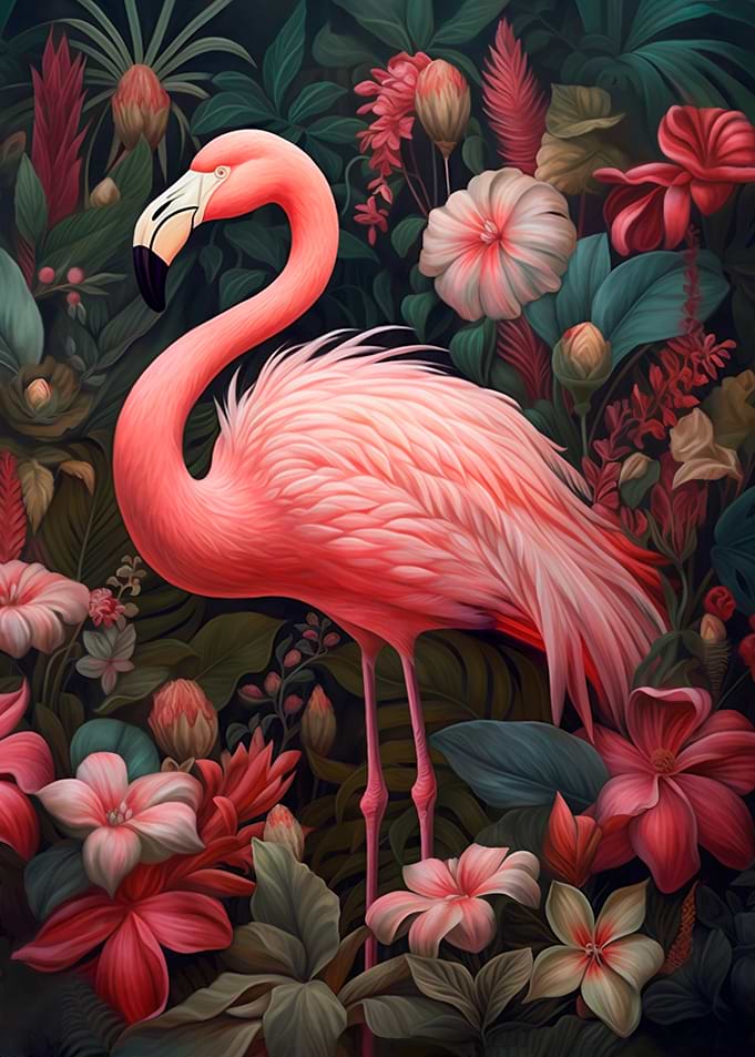 Pink Flamingo in Tropical Floral Setting