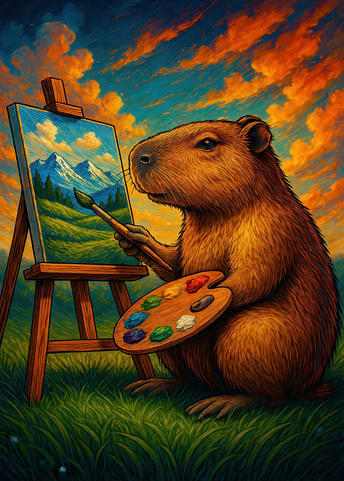 Capybara Painting Landscape on Easel