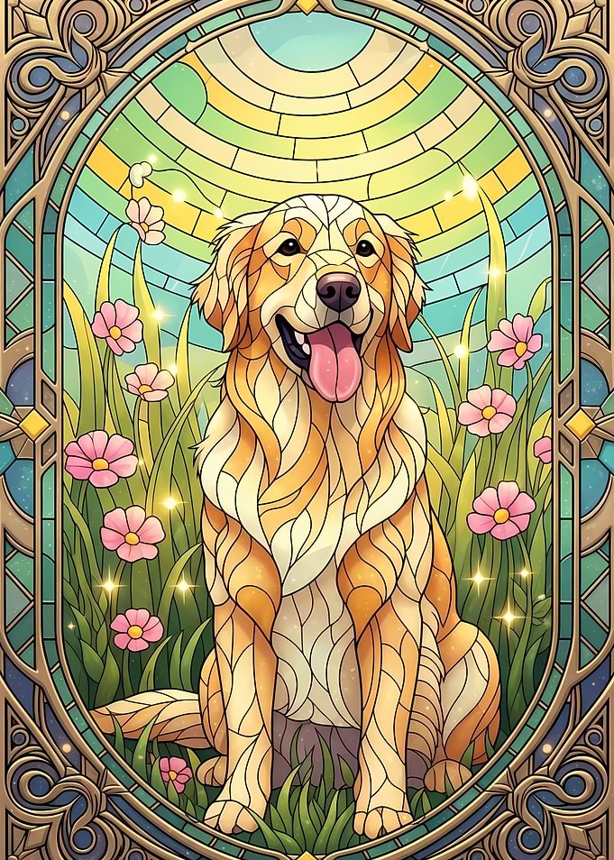 Stained Glass Golden Retriever Portrait