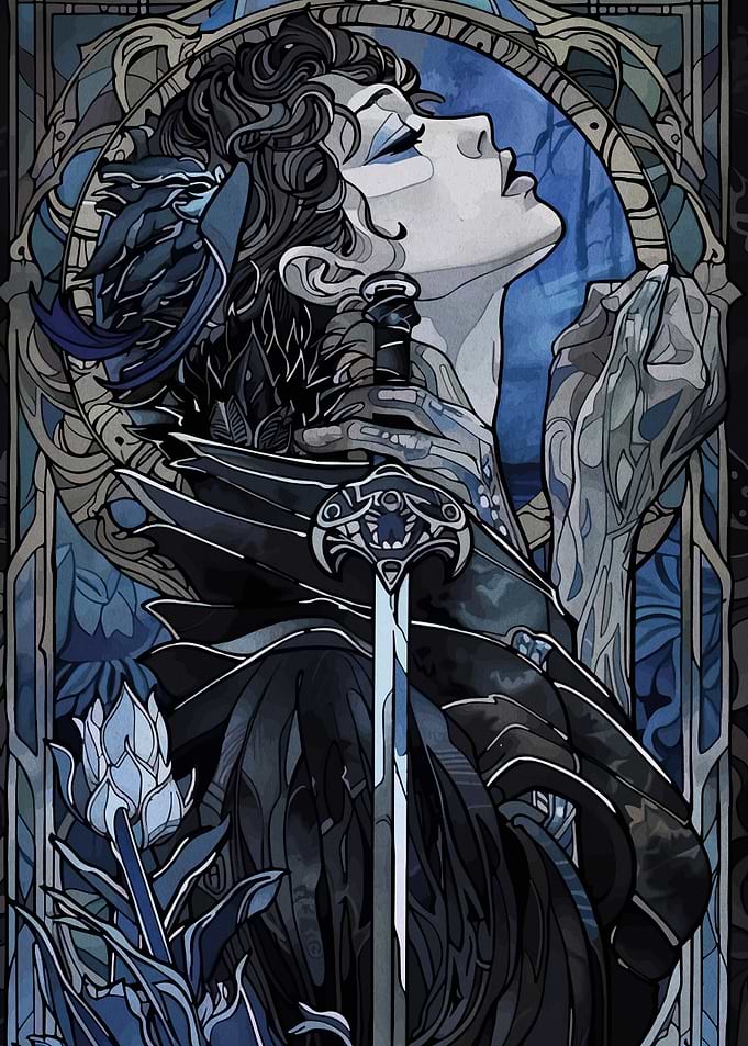 Blue Warrior Woman with Sword Art