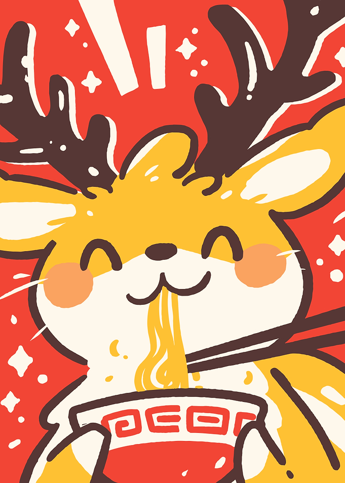 Cartoon Deer Eating Ramen Illustration