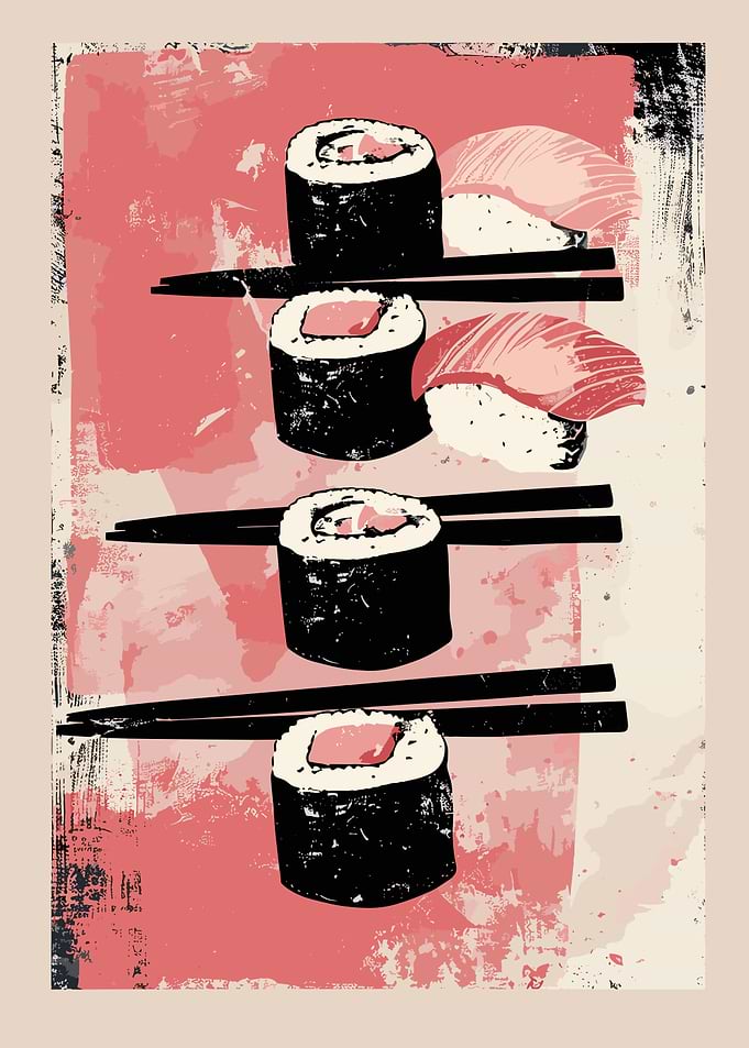Sushi Art Print with Chopsticks vintage poster