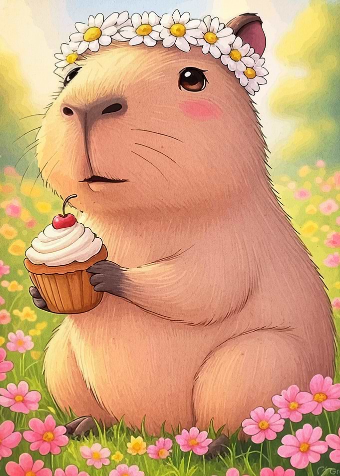 Capybara with Cupcake and Flower Crown