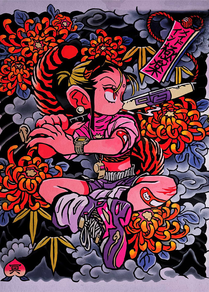 Anime Girl with Tiger Hair and Flowers