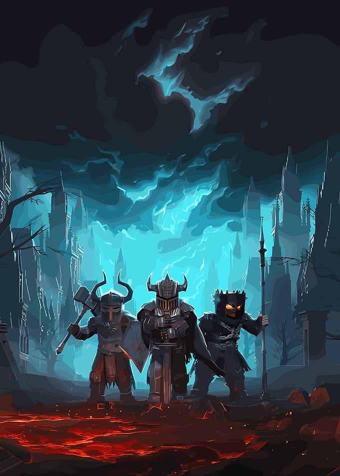 Fantasy Warriors in a Dark Landscape