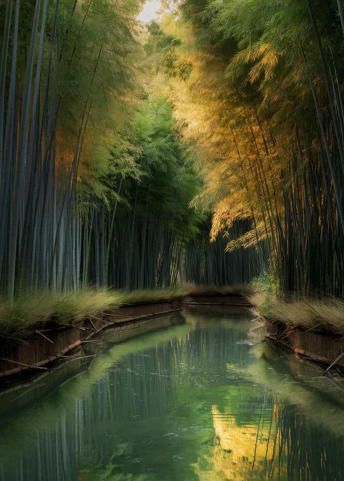 Bamboo Forest and Water Reflection