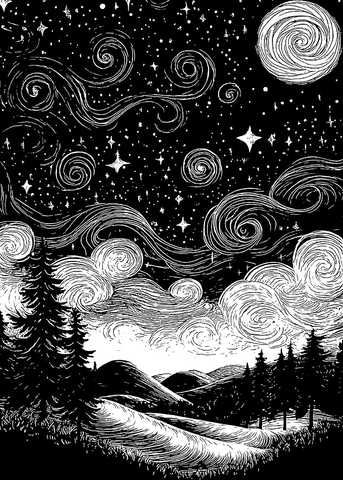 Starry Night Landscape Black and White