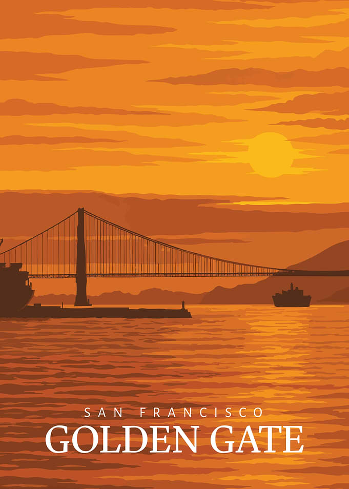 Golden Gate Bridge Sunset Poster: Vintage San Francisco Travel Illustration
