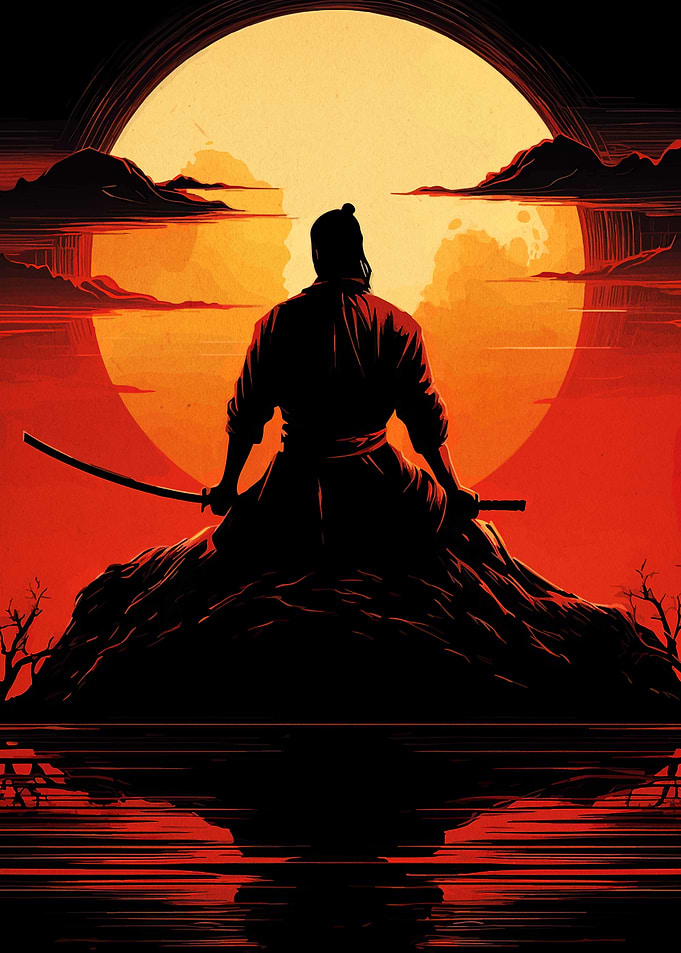 Samurai Silhouette Under a Full Moon