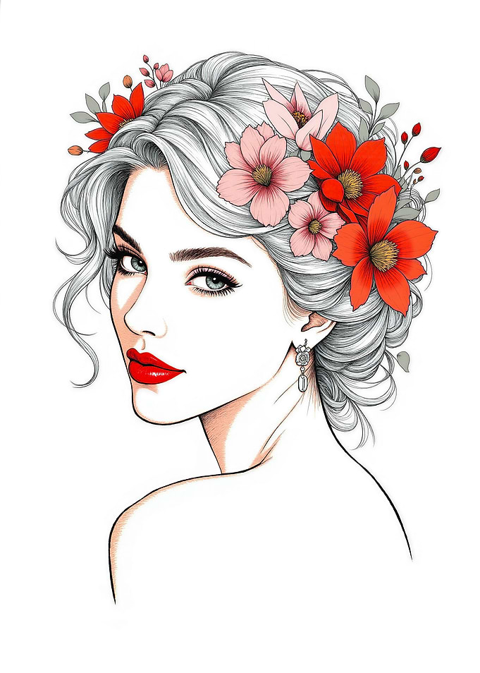 Floral Woman Portrait with Red and Pink Petals