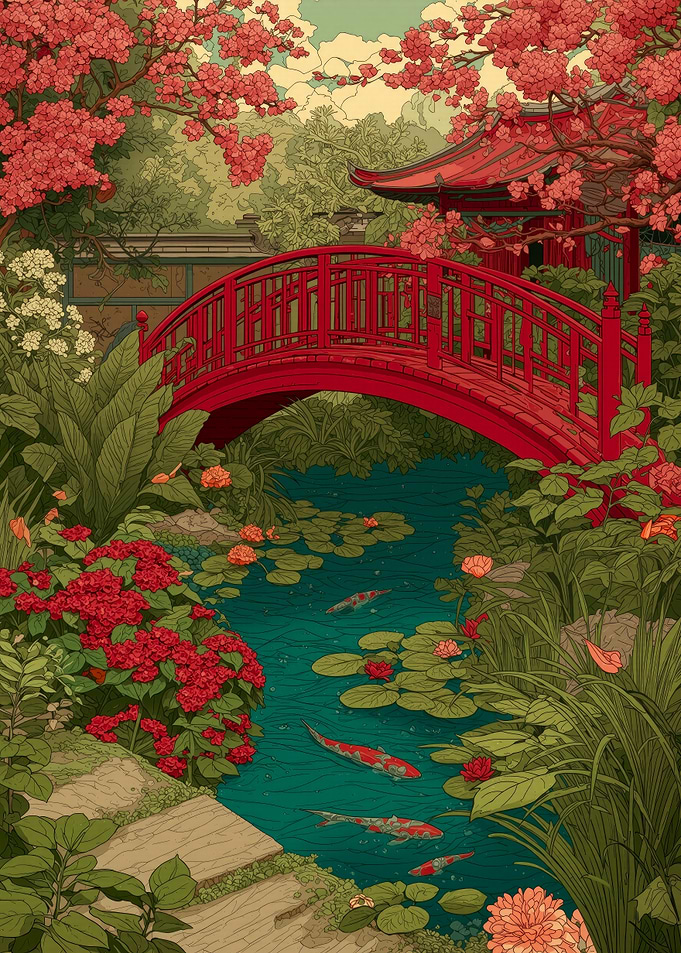 Spring Garden with Red Bridge
