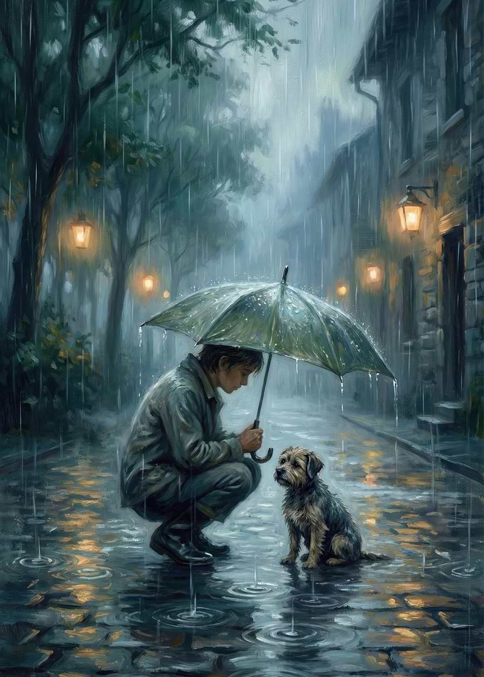 Boy and Dog in Rainy Street