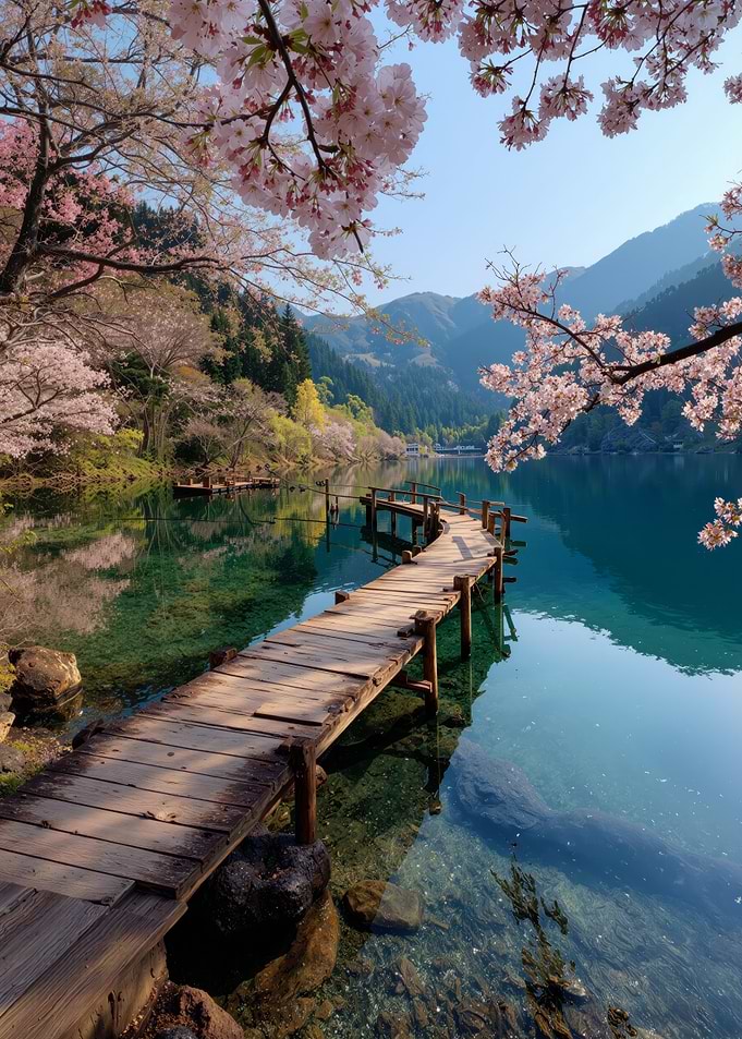 Spring Wooden Pier and Blossoms